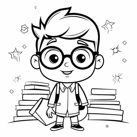 Cute schoolboy with books for coloring book.