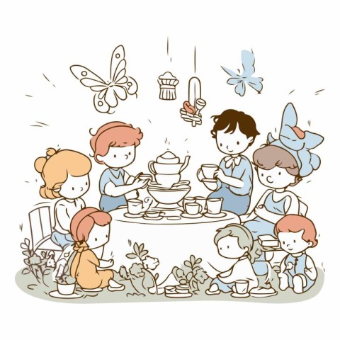 Illustration of happy family drinking tea in the garden.