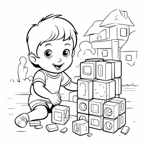 Black and White Cartoon Illustration of Little Boy Playing with