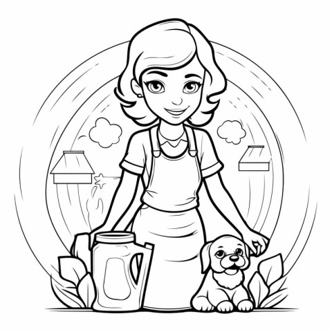 Black and White Cartoon Illustration of Woman Gardener with Dog