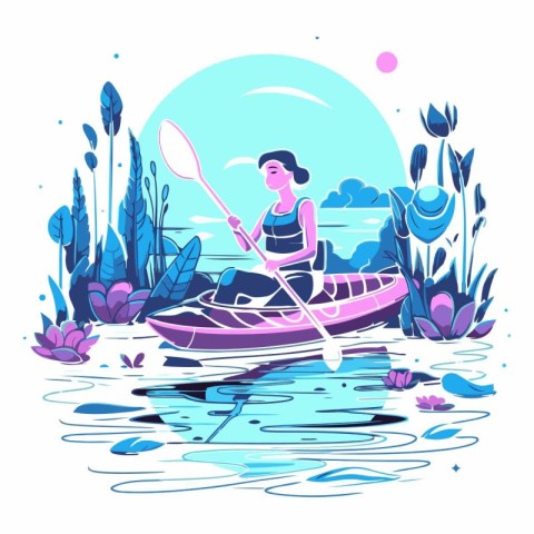 Woman kayaking on the lake in cartoon style.