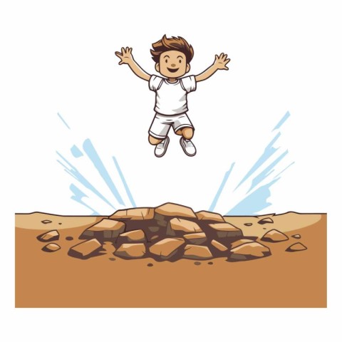 Boy jumping over rocks isolated on a white background.