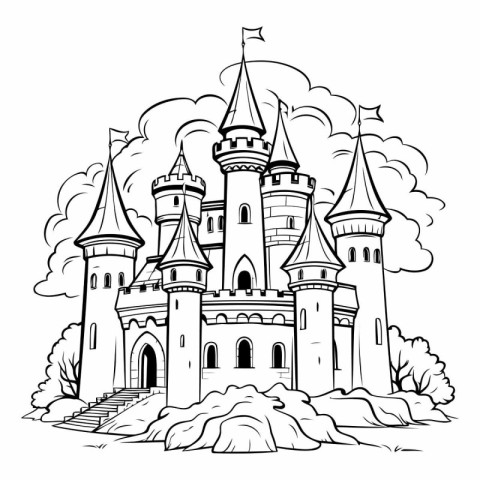 Fairytale castle. Black and white vector illustration for colori