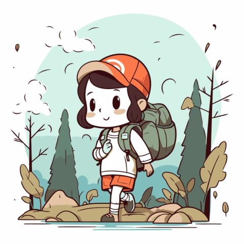 Cute little girl hiking in the forest in cartoon style.