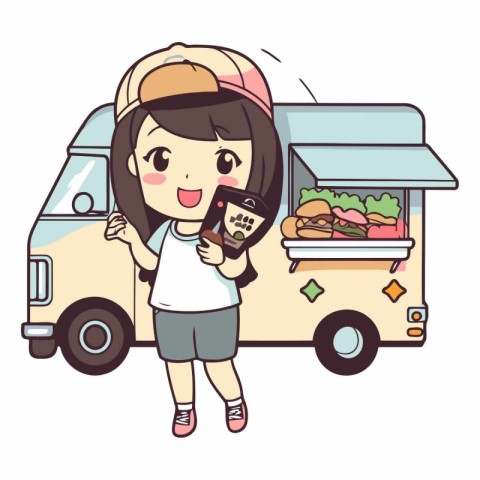 Illustration of a Girl Holding a Mobile Phone and a Food Truck