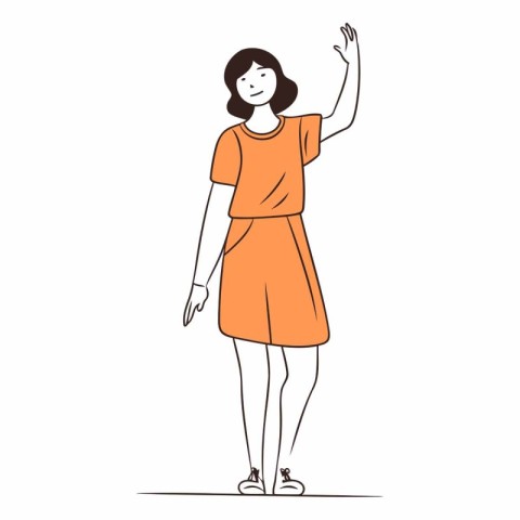 Woman in orange dress waving hand in sketch style.