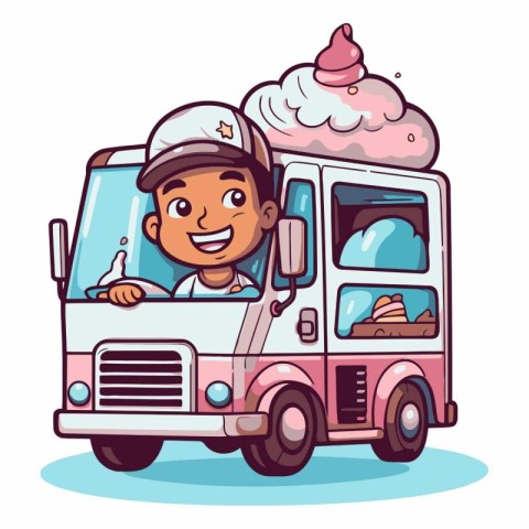 Vector illustration of a boy in a cap driving a ice cream truck.