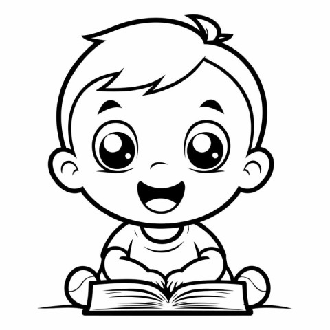 Cute Baby Boy Reading Book - Black and White Cartoon Illustratio