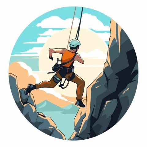 Rock climber climbing on a cliff in cartoon style.