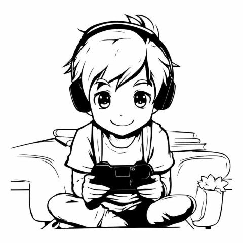 Boy with a Gamepad - Black and White Cartoon Illustration. Vecto