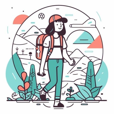 Vector illustration of young woman tourist with backpack walking