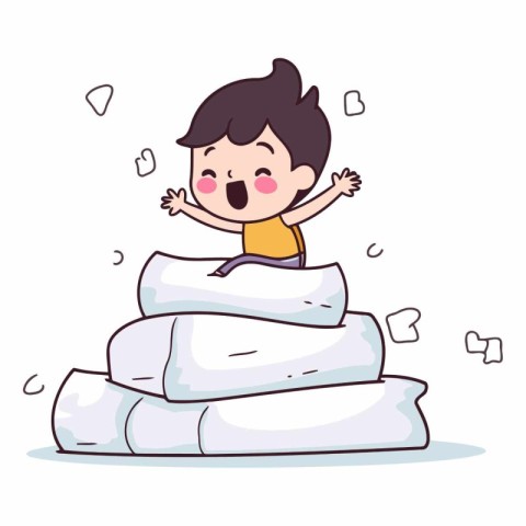 cute little boy sleeping on pile of pillows