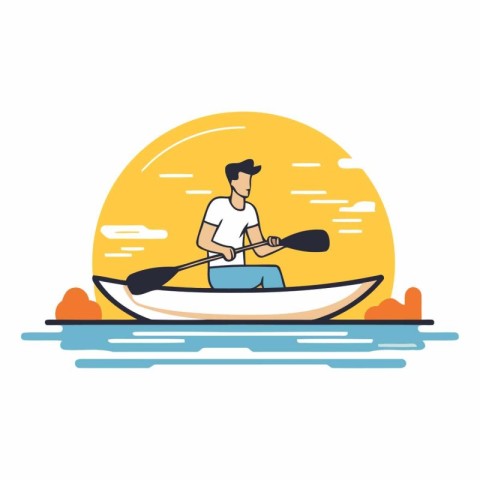 Man in a canoe on the sea. Flat style vector illustration.