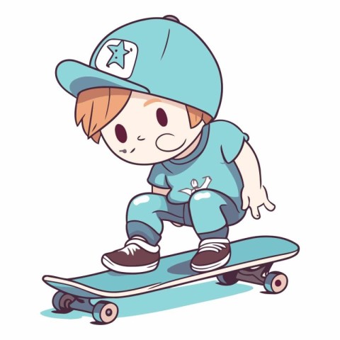 Cute boy riding a skateboard on white background.