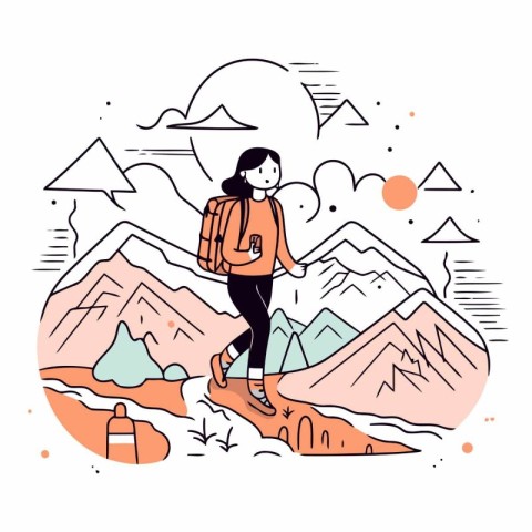 Vector illustration of a girl hiking in mountains. Line art desi