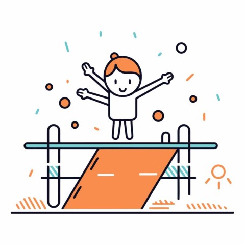 Boy jumping on a seesaw. Line art style vector illustration.