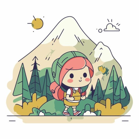 Cute little girl hiker hiking in the mountains