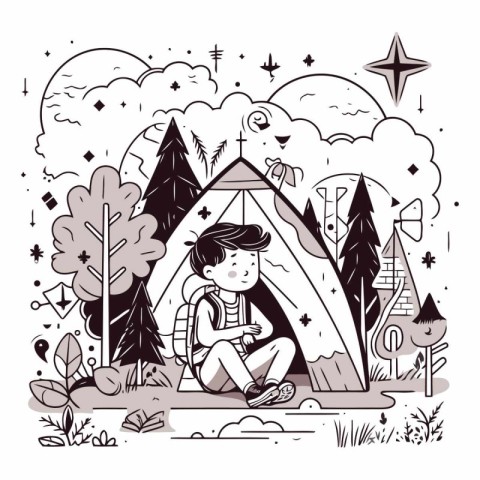 Vector illustration of a boy sitting in a tent in the woods.