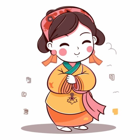 Korean girl in traditional costume. Cute cartoon vector illustra