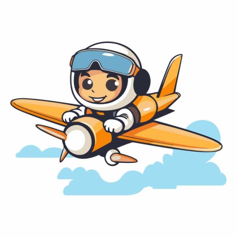 Cute little boy in aviator costume flying in the sky.