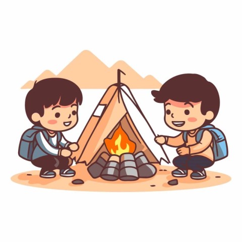 Cute little boys camping in the mountains in cartoon style.