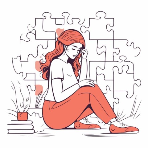 Young woman sitting on the floor with a lot of puzzle pieces and