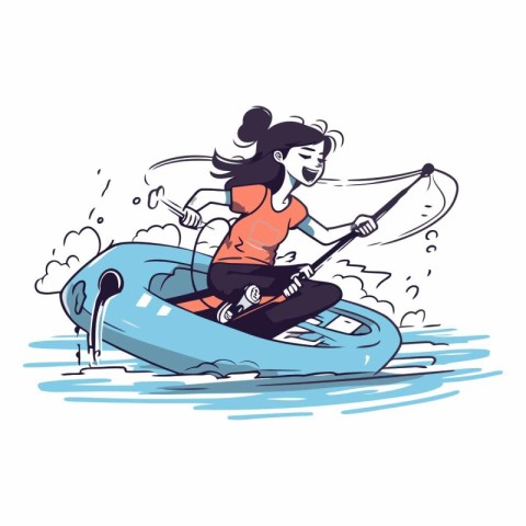 Young woman riding a kayak on the water.