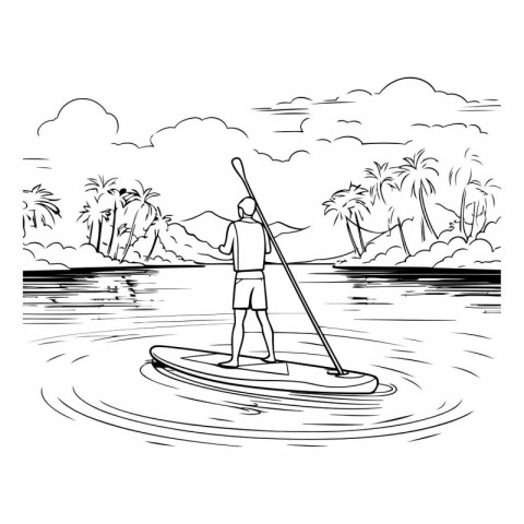 Man in a stand up paddle board on the river. Hand drawn vector i