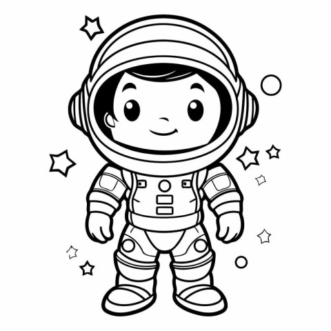 Black and White Cartoon Illustration of Kid Astronaut Character