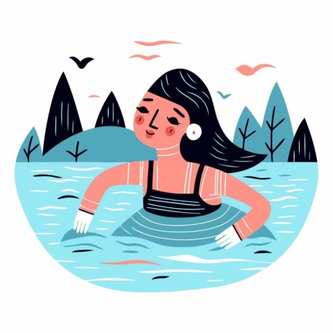 Girl swims in the lake in a flat style.