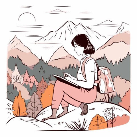 Hiking woman with backpack and tablet in the mountains