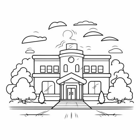 School building with entrance and trees in outline style.