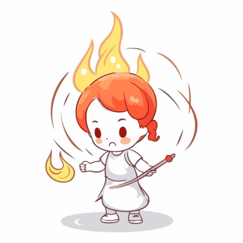 Cute cartoon fire girl holding a burning stick.