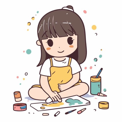 Cute little girl painting with watercolors.