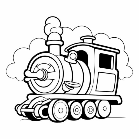 Black and white illustration of a steam locomotive with a train