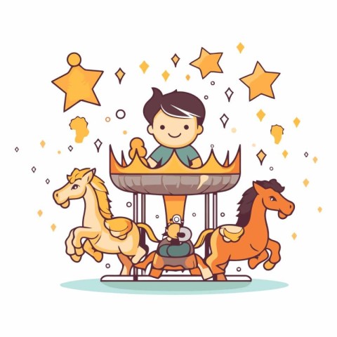 Vector illustration of a boy riding a horse on a carousel.