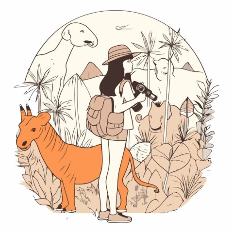 Vector illustration of a girl with a camera and a giraffe.