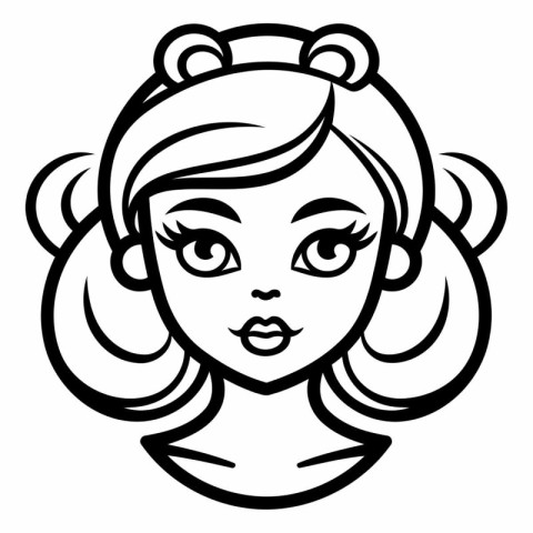 Black and White Cartoon Illustration of Cute Woman Face for Colo