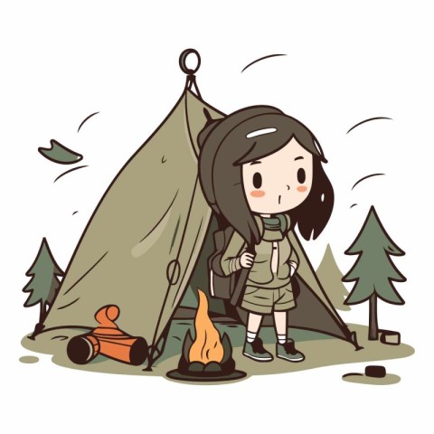 Girl camping with a tent and a campfire.