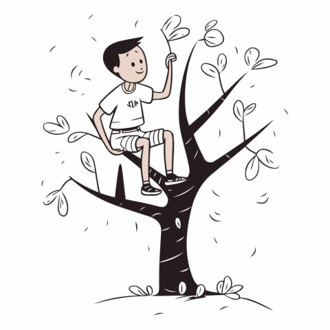 Boy sitting on a tree and holding a flower.