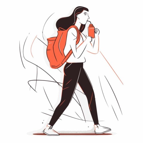 Vector illustration of a young woman walking with a backpack and