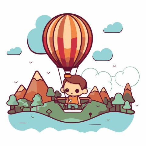 cute boy flying on hot air balloon in the landscape vector illus