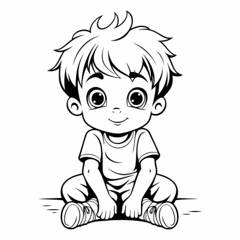 Cute Little Boy Sitting - Black and White Cartoon Illustration.