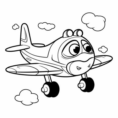 Black and White Cartoon Illustration of Cute Little Plane Flying