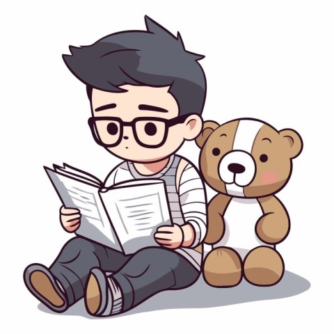 Boy reading book with bear and teddy bear.