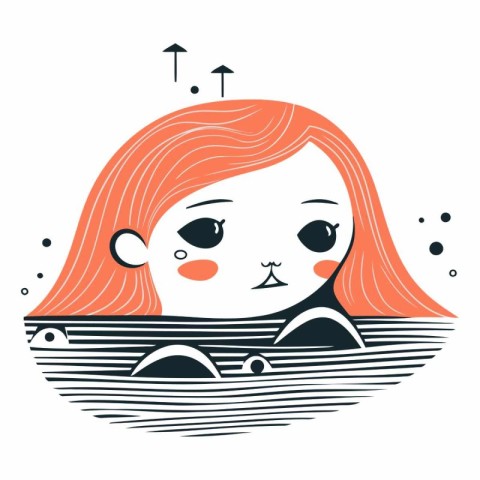 Vector illustration of a girl with red hair in the sea waves.