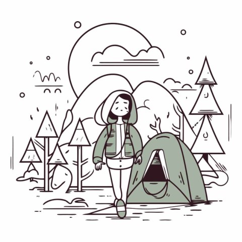 Tourist girl in camping tent in linear style.