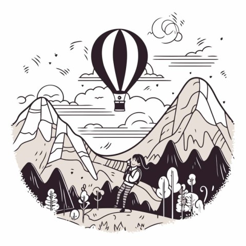 Hand drawn vector illustration of a man in the mountains with a