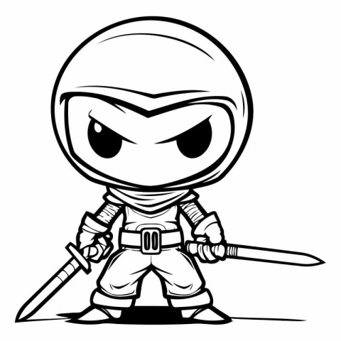 Ninja Warrior - Black and White Cartoon Mascot Illustration