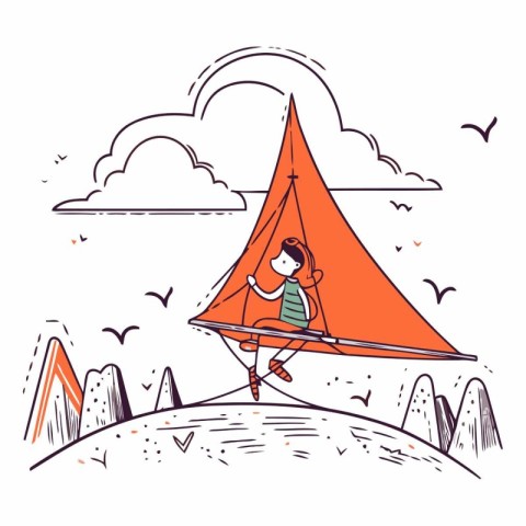 Child playing with a paper plane on the mountain. Doodle vector